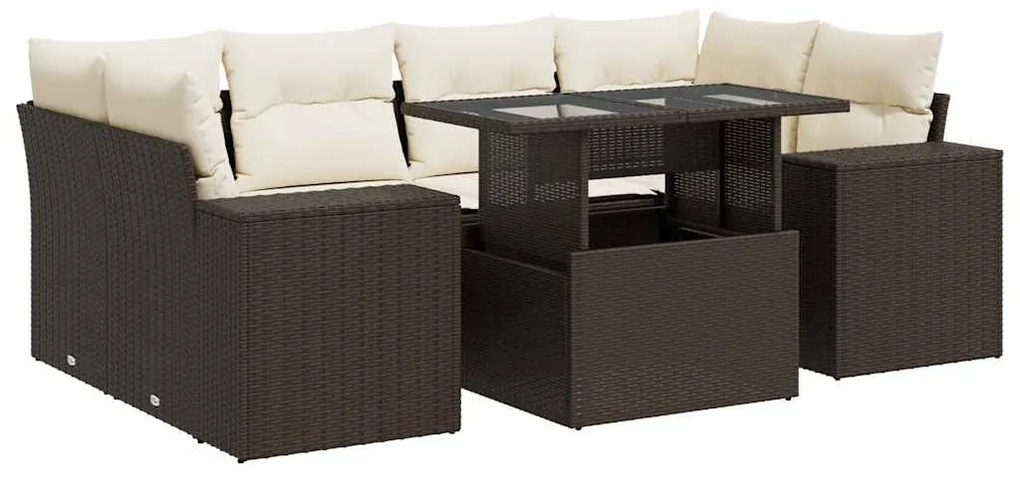 3326754 vidaXL Градински комплект с възглавници, 7 части, кафяв, полиратан