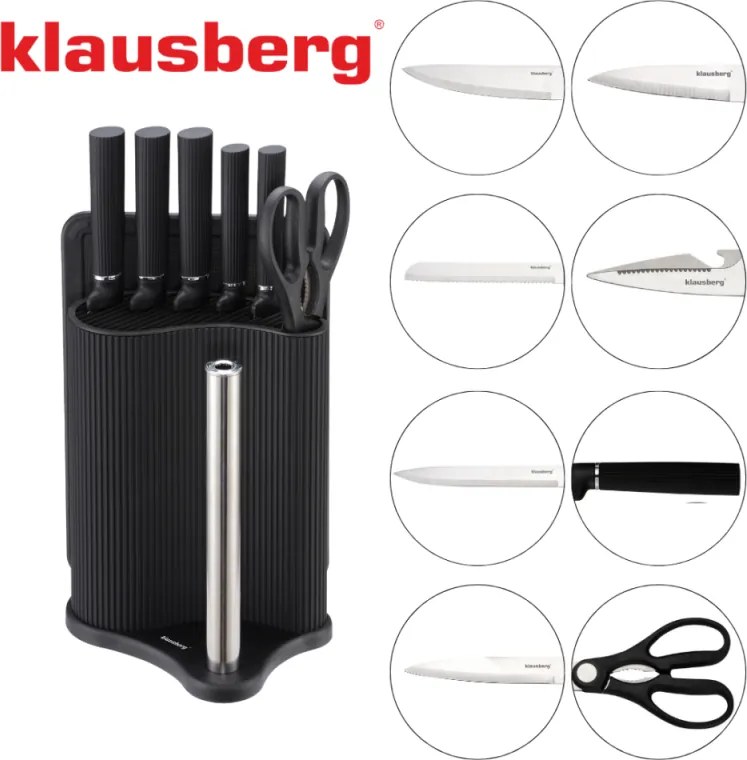 Комплект ножове Klausberg KB 7977, 8 части, Неръждаема стомана, Стойка, Държач за кухненска хартия, Черен