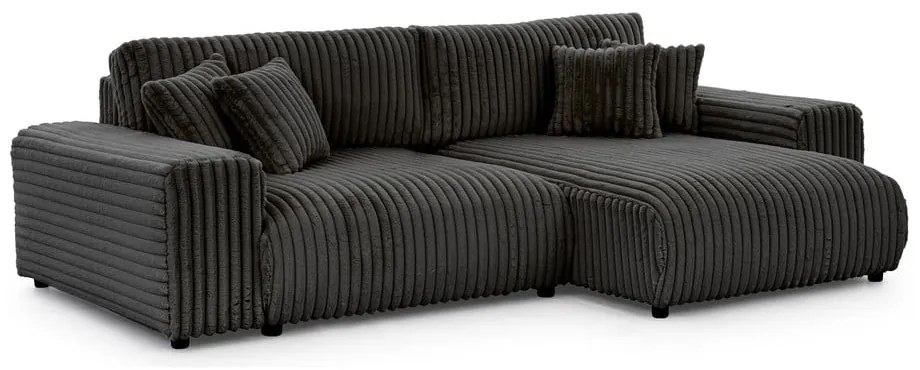 Тъмносив разтегателен ъглов диван от рипсено кадифе с място за съхранение (десен ъгъл) Sarina – Ropez