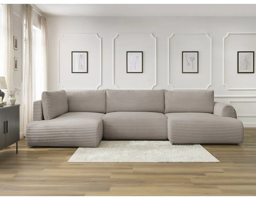 Светлосив/бежов сгъваем/с място за съхранение ъглов диван от рипсено кадифе (ляв ъгъл/U форма) Lucien – Bobochic Paris