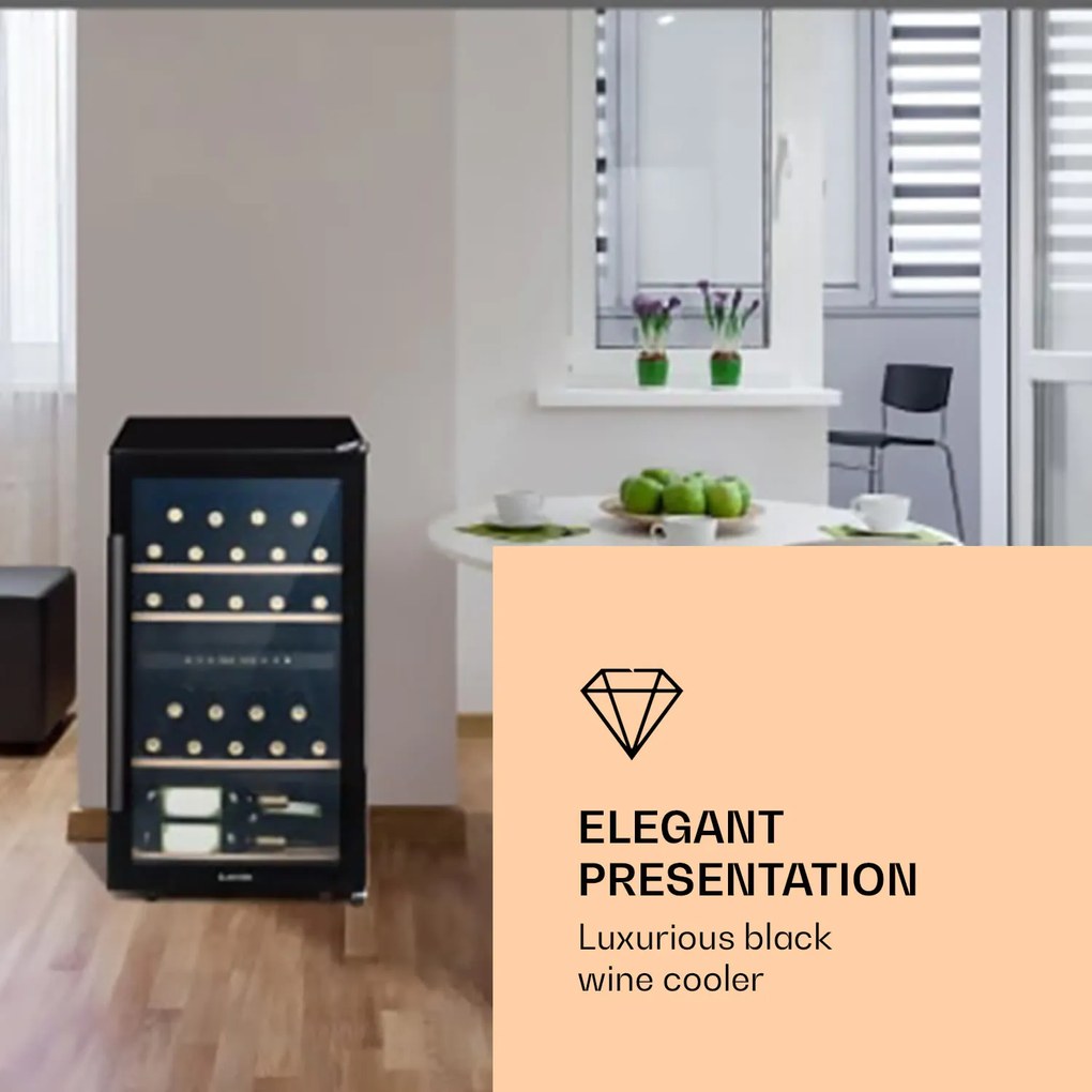 Klarstein Barossa 34 Duo, охладител за вино, 2 зони, 34 бутилки, стъклена врата, сензорно управление, черен