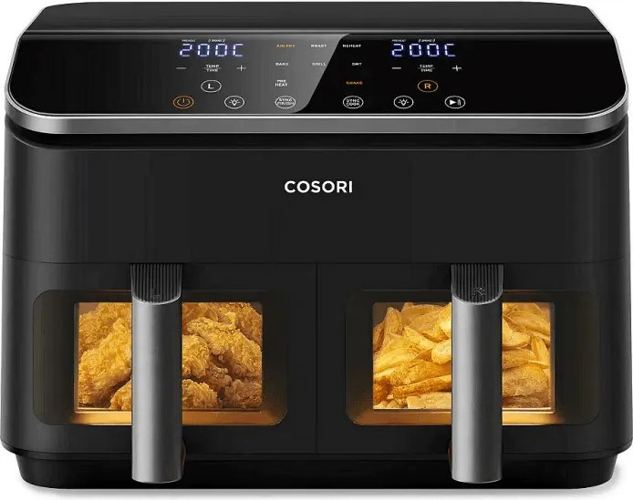 Втора ръка: Двоен фритюрник с горещ въздух Cosori Dual Basket CAF-R901-AEU, 1750 W, 8.5 л, 8 програми, Таймер, Touch screen, Черен