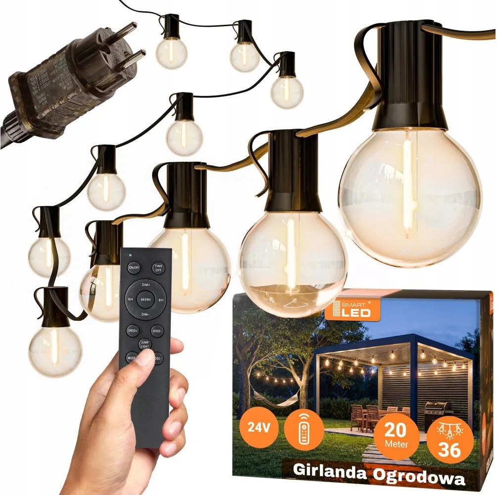 LED димируема външна декоративна гирлянда 36xE12/1W/24/230V 22,35 m IP65 черна + дистанционно управление