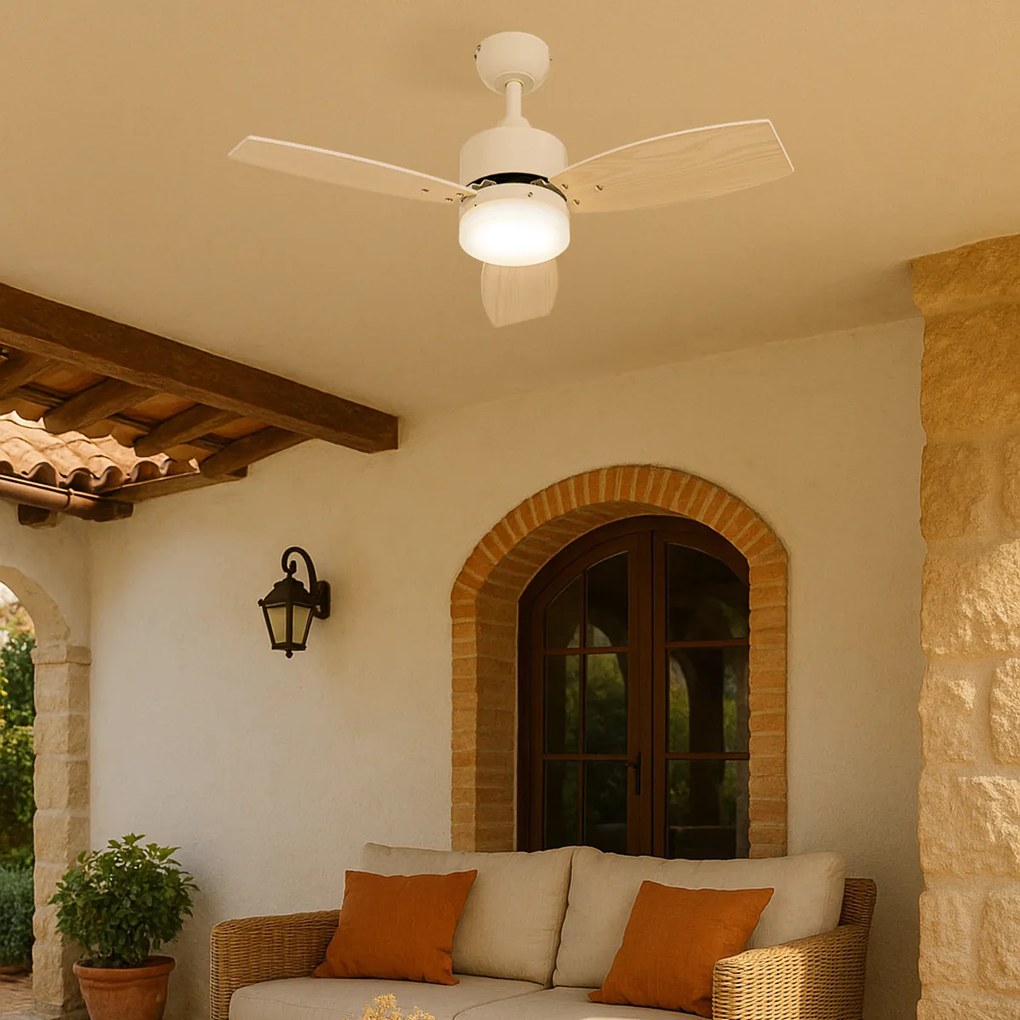 Външен вентилатор за таван бял с дървен принт 91,3 см вкл. LED димируем с дистанционно управление IP44 - Toledo