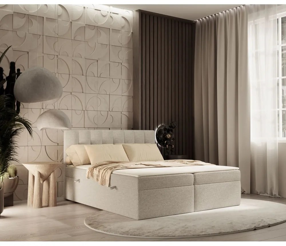 Бежово боксспринг легло с място за съхранение 160x200 cm Novento – Maison de Rêve
