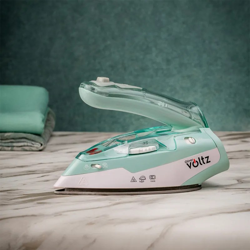 Туристическа ютия Oliver Voltz OV51050K, 1100W, 55 ml, Сгъваема, Защита прегряване, Тюркоаз/Бял