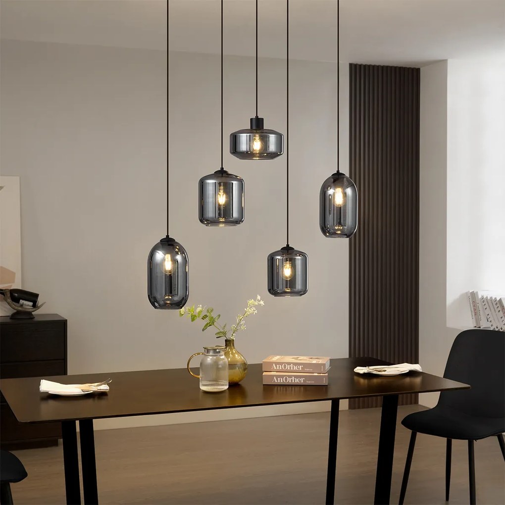 Модерен висящa лампa черен с димно стъкло 5 светлини - Sheena