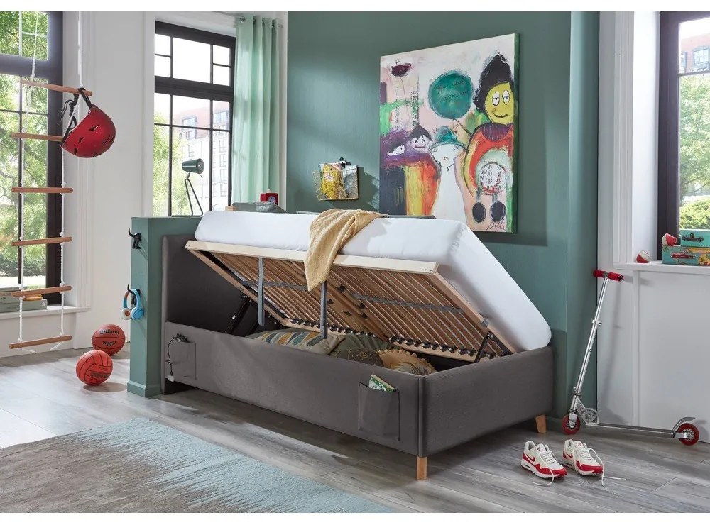 Антрацитно тапицирано детско легло 90x200 cm с място за съхранение с включена подматрачна рамка Cool – Meise Möbel
