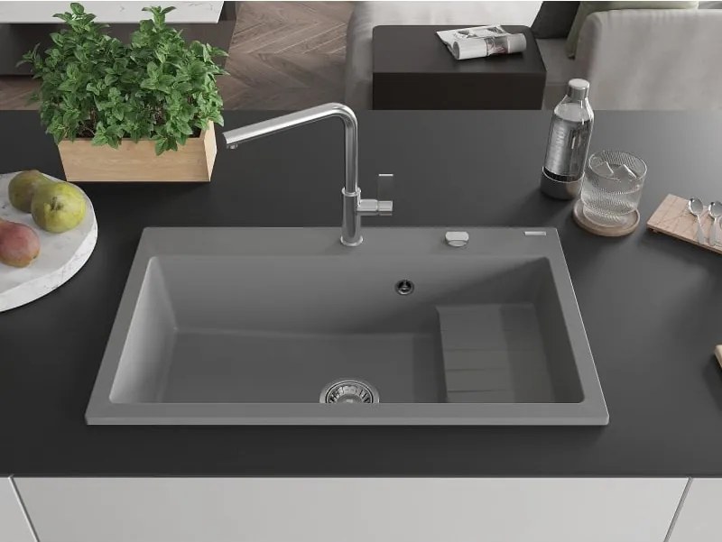 Mexen Omar кухненска мивка от гранит с 1 отделение 800 x 480 mm, сив, сифон хром - 6520801005-71