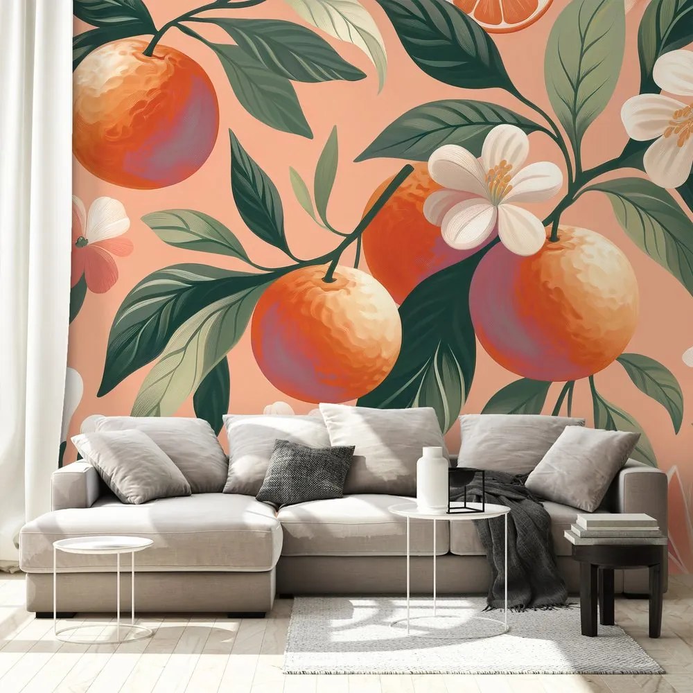 Тапет – Портокали и цветя на кайсиев фон