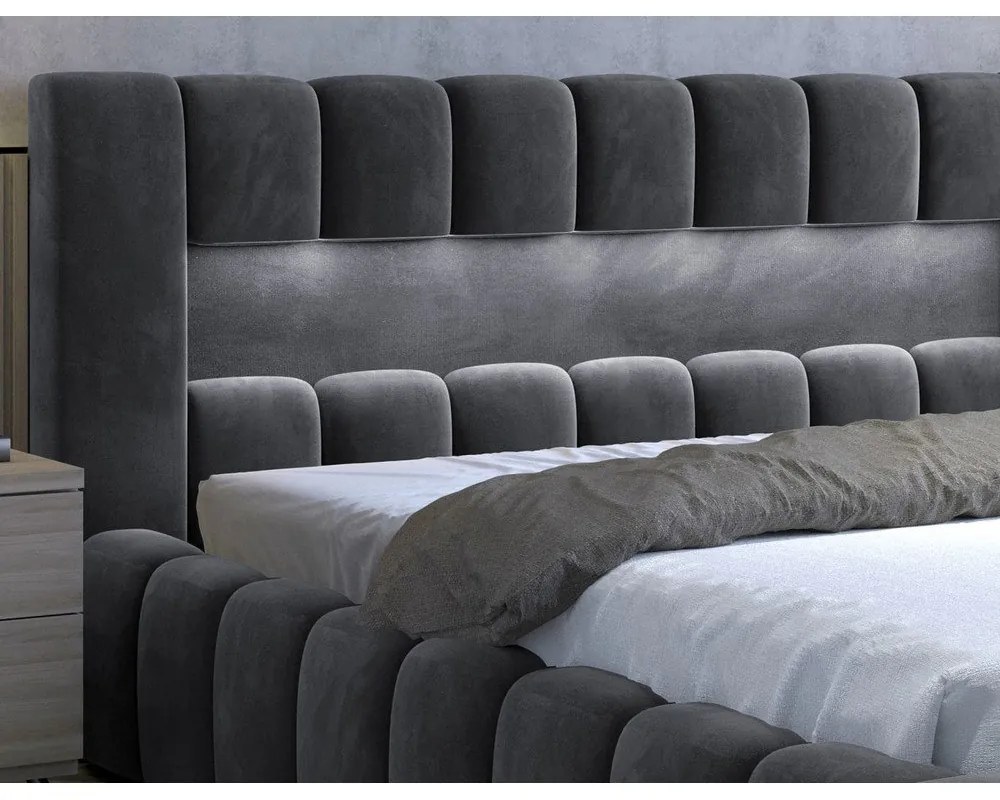 Сиво двойно легло 160x200 cm тапицирано с място за съхранение с включена подматрачна рамка Lamica – ELTAP