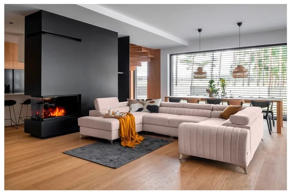 Розов разтегателен ъглов диван с място за съхранение (ляв ъгъл U форма) Louis – ELTAP