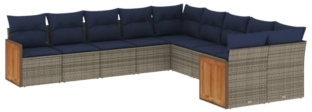 3260437 vidaXL Градински диван с възглавници, 10 части, полиратан, сив