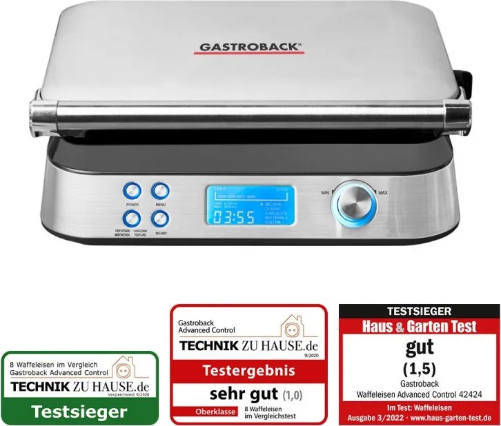Гофретник Gastroback Advanced Control, 1600W, 220 мл, 7 степени на изпичане, Двойни нагреватели, Дълбоки плочи, Таймер, Защита от преливане, Сребрист