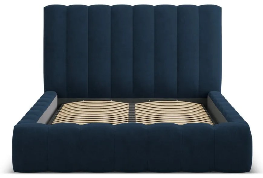 Тъмносиньо тапицирано двойно легло с място за съхранение с включена подматрачна рамка 200x200 cm Kelp – Micadoni Home