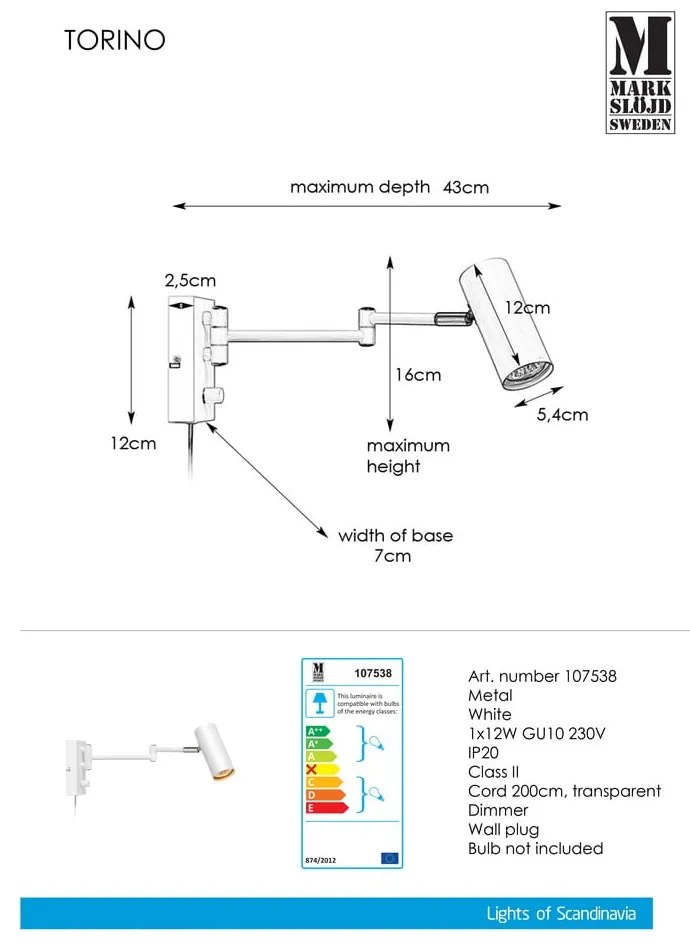 Бяла метална стенна лампа Torino - Markslöjd
