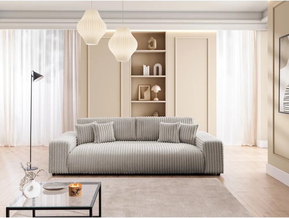 Светлосив разтегателен диван с място за съхранение от рипсено кадифе 260 cm Justin – Ropez