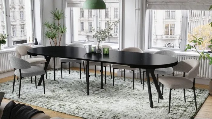 ЕКСПАНСО Черен мат/черни крака - ГОЛЯМА КРЪГЛА МАСА Ø110 РАЗТЕГАТЕЛНА ДО 310 cm С КРАКА Y ЛОФТ/ИНДУСТРИАЛНА