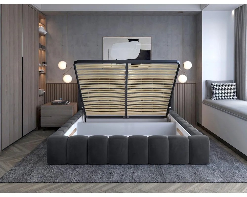Сиво двойно легло 180x200 cm тапицирано с място за съхранение с включена подматрачна рамка Lamica – ELTAP