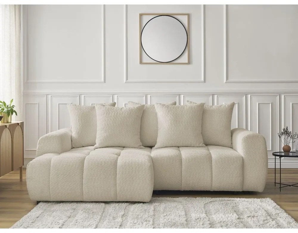 Бежов разтегателен ъглов диван с място за съхранение от букле (ляв ъгъл) Roxelane – Bobochic Paris