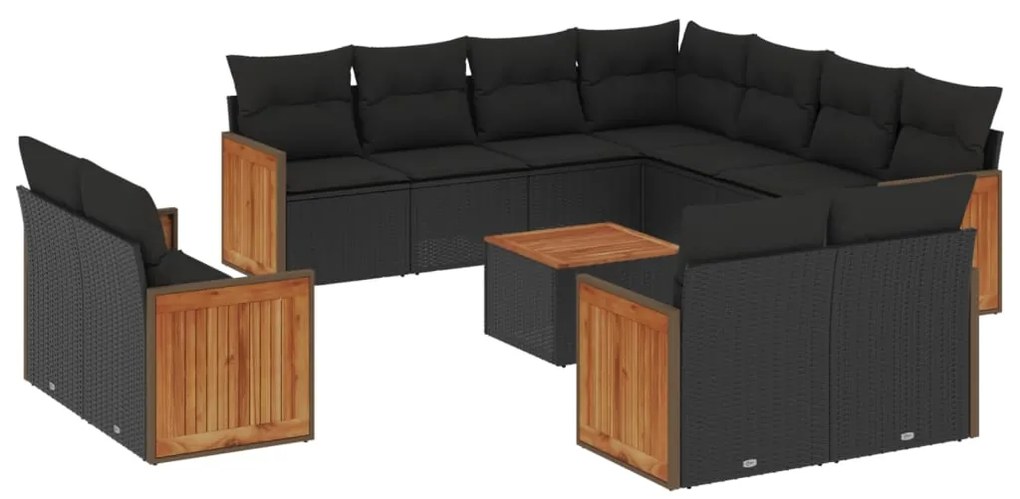 3258905 vidaXL Градински диван с възглавници, 12 части, черен, полиратан