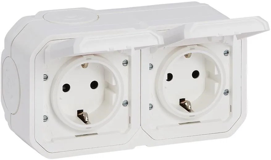 Legrand Контакт шуко ДВОЕН 16А хоризонтален винт. клеми моноблок за открит монтаж цвят Бял IP55 Plexo New  - 069772L