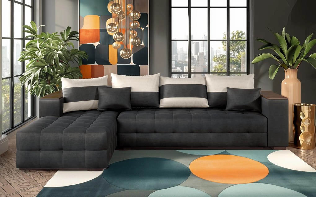 Разтегателен ъглов диван с подлакътник етажерка Мелвин