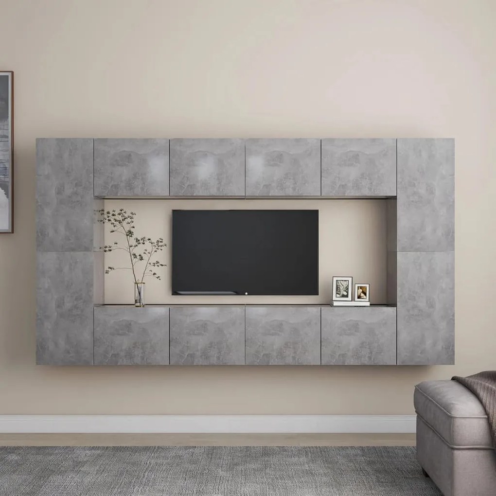 3079089 vidaXL Комплект ТВ шкафове от 8 части, бетонно сиви, инженерно дърво