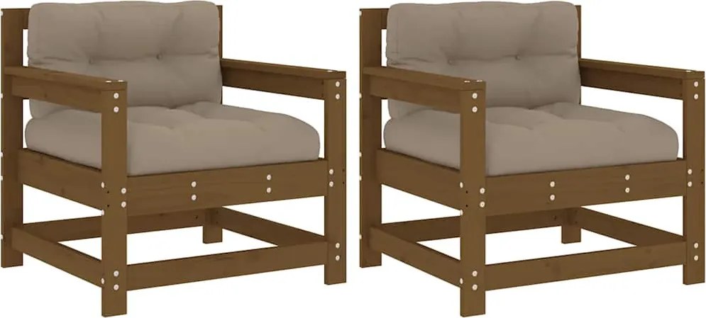 825565 vidaXL Градински столове с възглавници, 2 бр, меденокафяви, бор масив