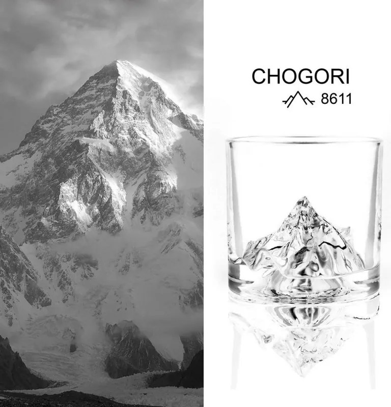 Комплект чаши за уиски LIITON K2, 250 мл, 2 бр, Удебелени стени, 3D релефно дъно с формата на връх К2, Прозрачен