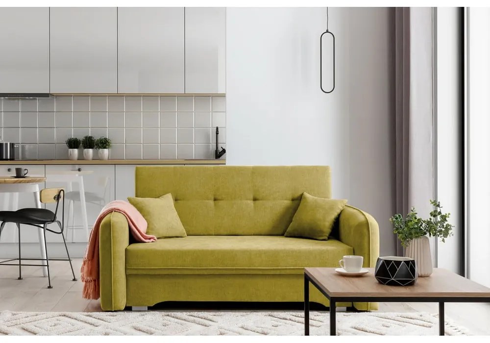 Жълт шенилов разтегателен диван с място за съхранение 155 cm Laine – ELTAP
