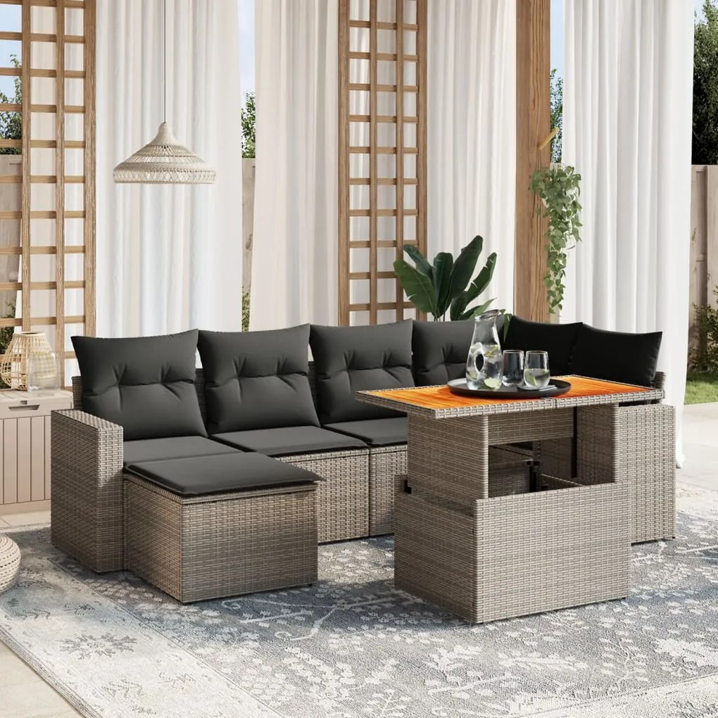 3271417 vidaXL Градински диван с възглавници, 7 части, полиратан, сив