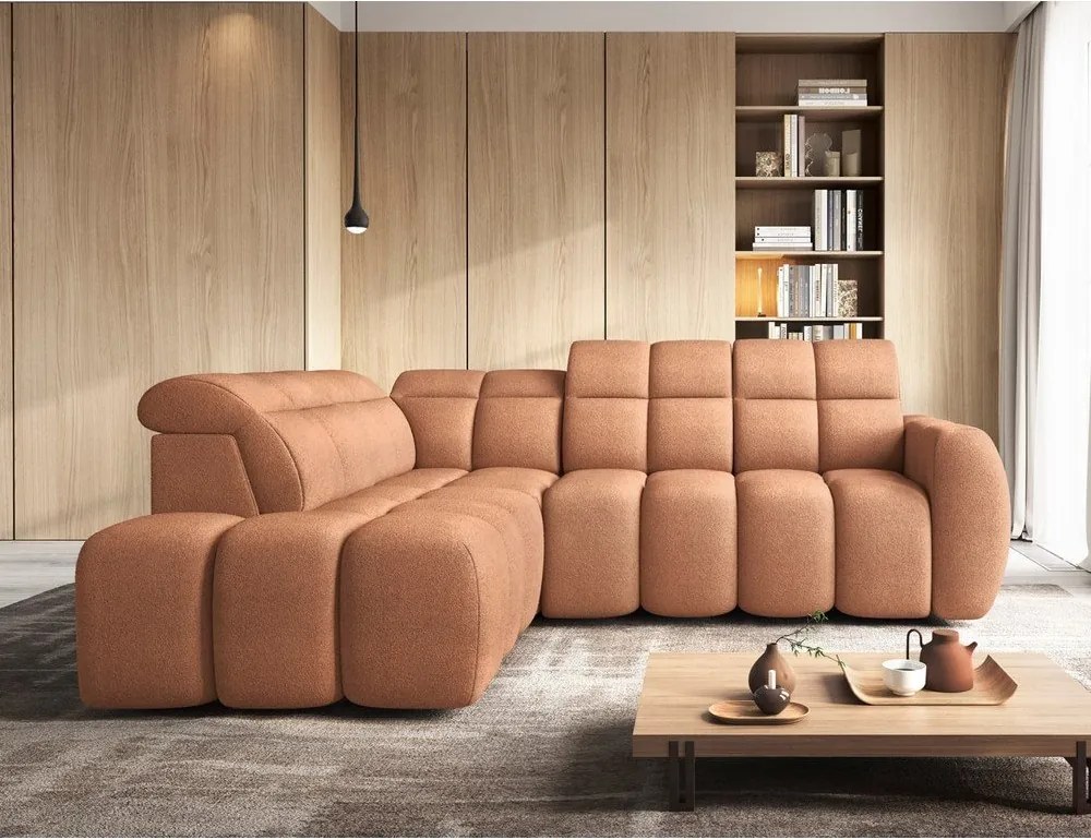 Сгъваем с място за съхранение ъглов диван от букле в цвят сьомга (ляв ъгъл L форма) Falconn – ELTAP