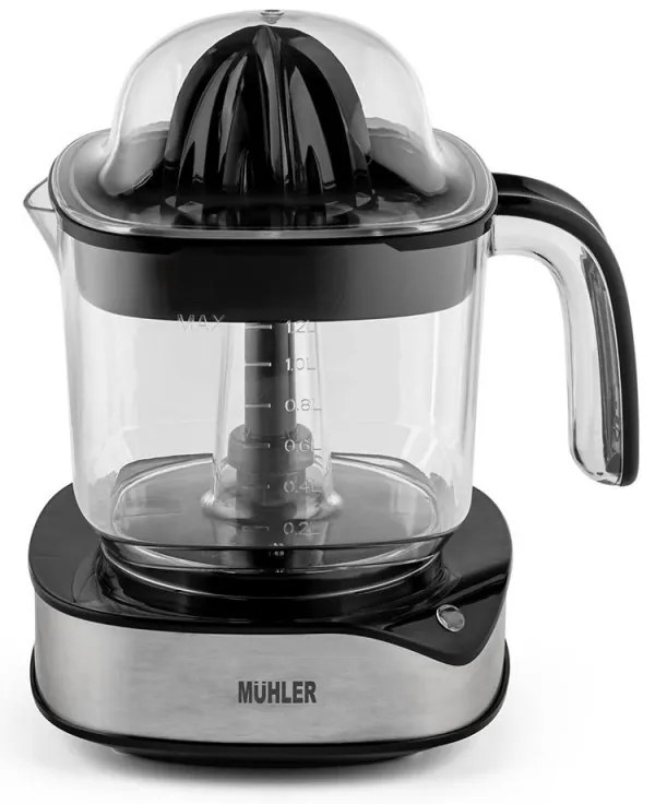 Цитрус преса Muhler MJ-4020, 40 W, 1.2 л, Двупосочно движение, Индикаторна лампа, 2 конуса, Черен/Инокс