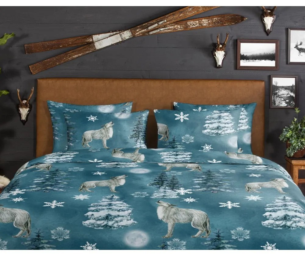 Двойно удължено фланелено спално бельо в петролен цвят 200x220 cm Midnight – Good Morning