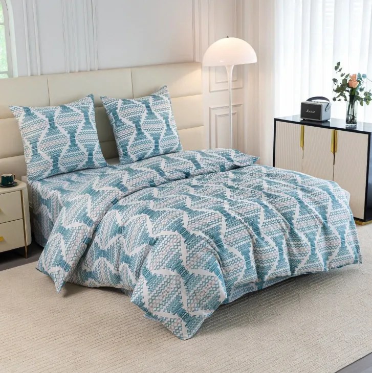 Бяло спално бельо от синтетичен памук с бохо шарка в тюркоазено-сини тонове Ширина: 200 см | Дължина: 220 см