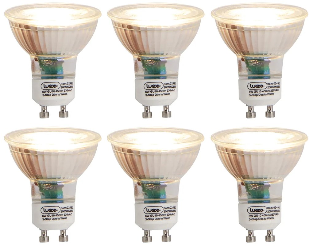 Комплект от 6 GU10 3-степенни димиращи към топла LED крушки 6W 450lm 2000K - 2700K