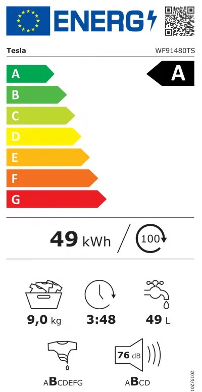 Пералня с предно зареждане Tesla WF91480TS, 1900W, 9 кг, 60 л, 14 програми, 1400 об/мин, Клас A, Steam Care, LED, Сребрист