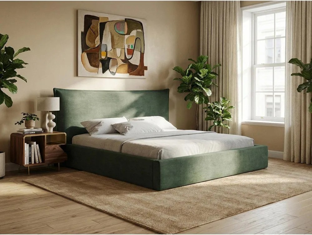 Бежово двойно легло 160x200 cm тапицирано с място за съхранение с включена подматрачна рамка Esala – Makamii