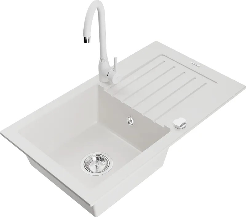 Mexen Pablo гранитна мивка с 1 отделение с отцедник и кухненски смесител Telma, бял - 6510-20-670200-20