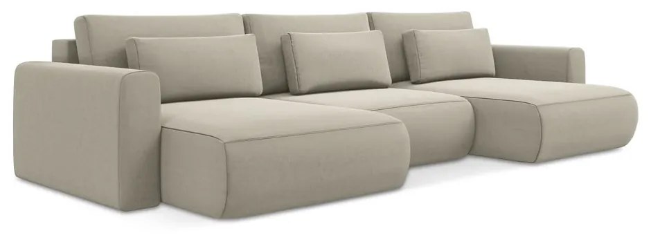 Бежов кадифен разтегателен ъглов диван с място за съхранение (U форма) Kapua – Makamii