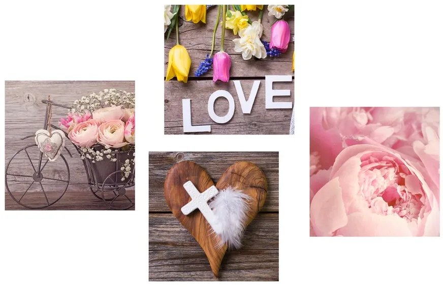 Комплект картини – Натюрморт с цветя и кръстче с надпис Love