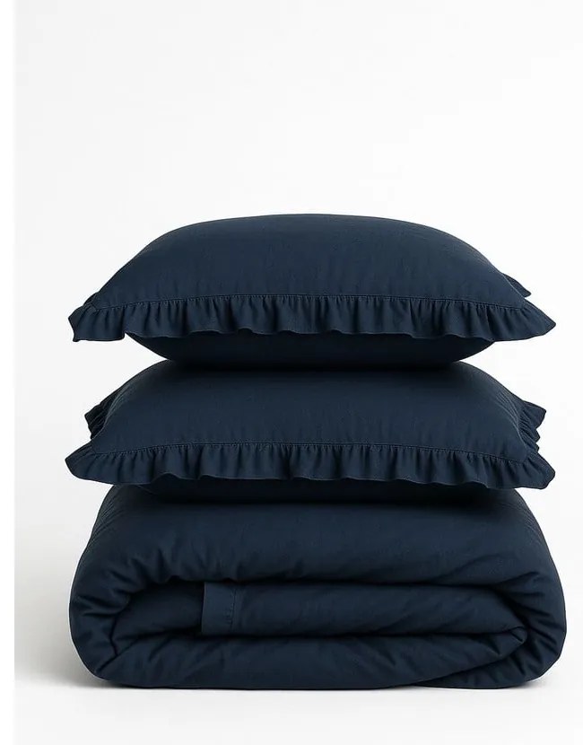 Тъмносиньо двойно удължено спално бельо от памук Renforcé 240x220 cm Ruffle Striped – Mila Home Luxury