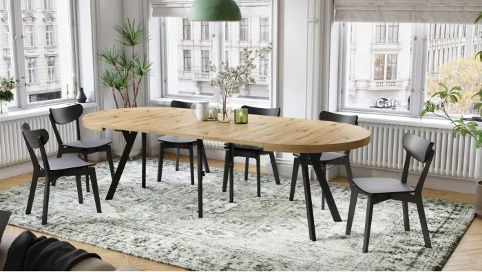 ЕКСПАНСО Дъб Артисан/черни крака - ГОЛЯМА КРЪГЛА МАСА Ø110 РАЗТЕГАТЕЛНА ДО 310 cm С КРАКА Y ЛОФТ/ИНДУСТРИАЛНА