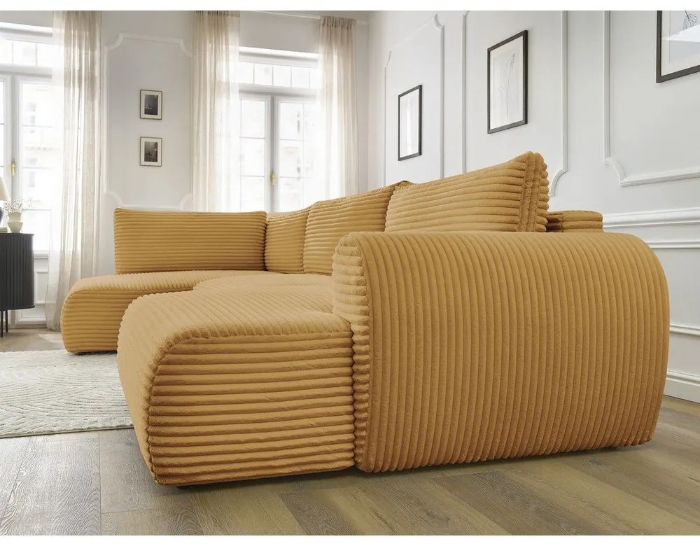 Разтегателен ъглов диван от рипсено кадифе в цвят горчица (десен ъгъл/"U" форма) Lucien – Bobochic Paris