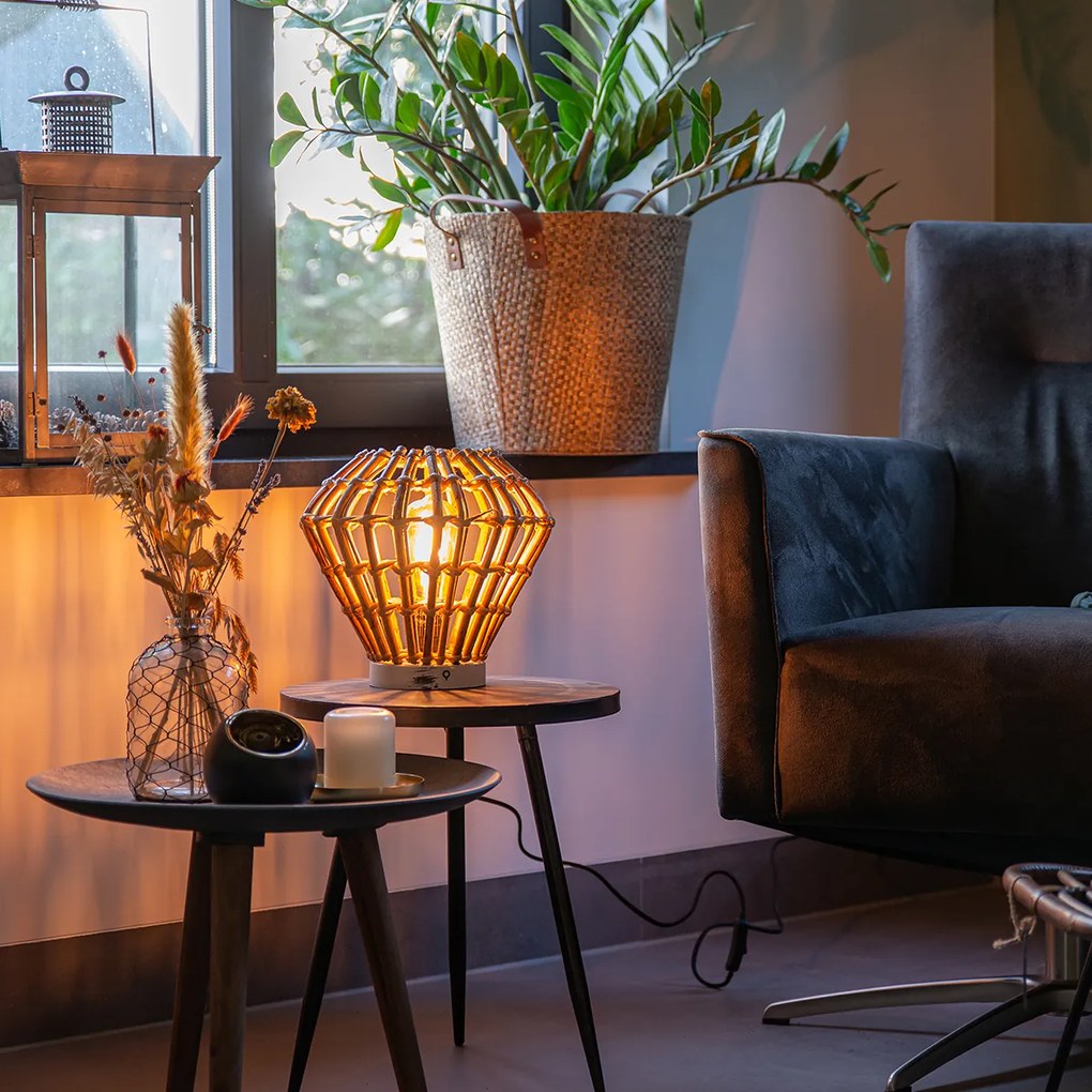 Ръстична настолна лампа бамбук с бяло - Canna Diamond