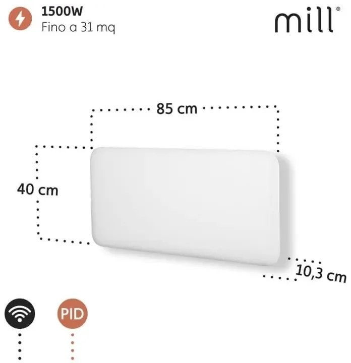 Панелен конвектор Mill Invisible WiFi PA1500WIFI3, 1500W, 23 м2, 10 температурни настройки, Wi-Fi, Bluetooth, IPX4, Бял