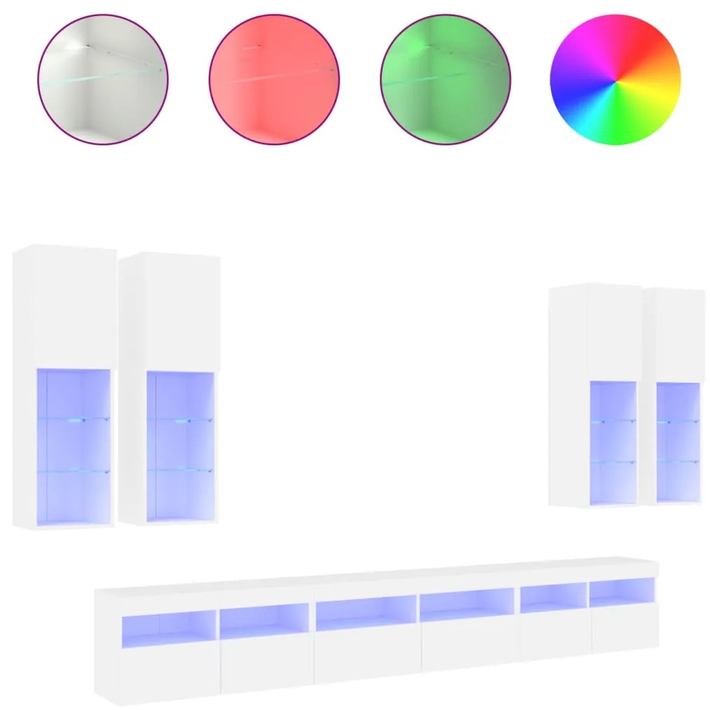 3216778 vidaXL Комплект ТВ стенни шкафове, 7 части, с LED светлини, бели