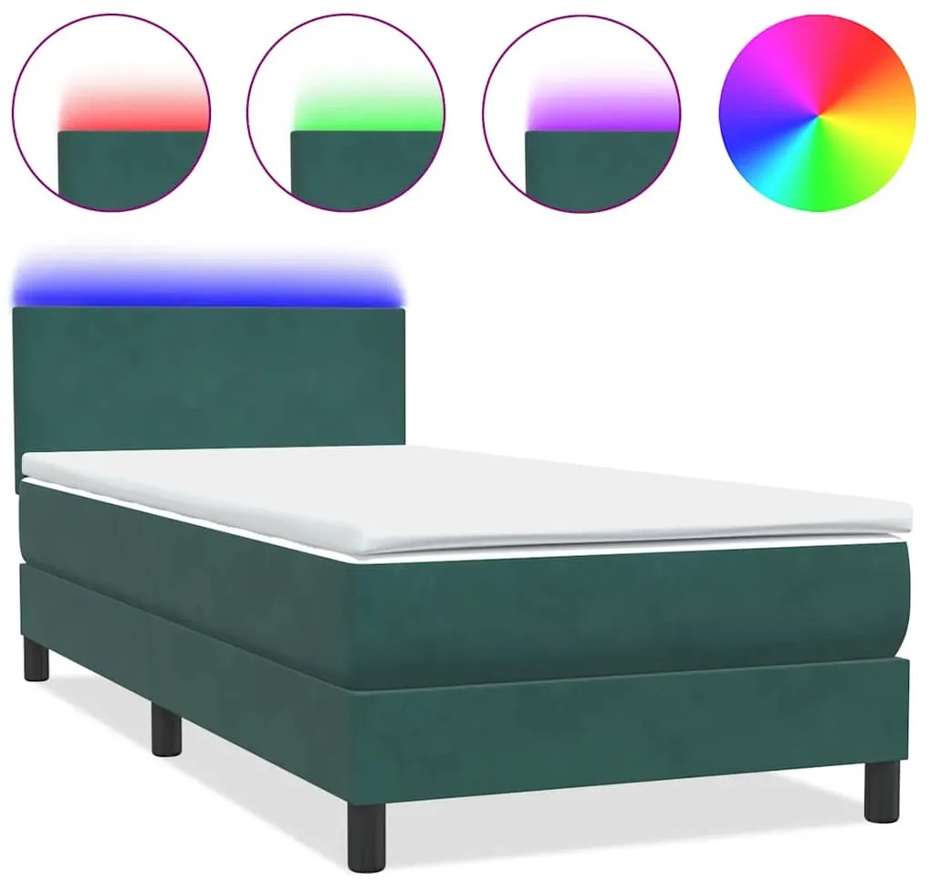 3316668 vidaXL Боксспринг легло с матрак и LED Тъмнозелено 80x210 cm Кадифе