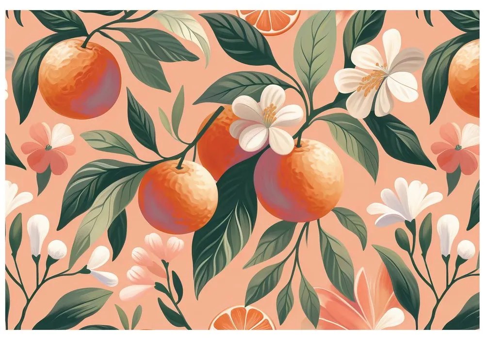 Тапет – Портокали и цветя на кайсиев фон